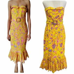 Hemant & Nandita Raisa Strapless Belted Midi Dress Yellow Floral Cotton Size M